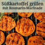 Süßkartoffel grillen | Marinade mit Rosmarin 1 Gegrillte Suesskartoffeln auf dem Grill, dekoriert mit Rosmarin. Suesskartoffel grillen ist ganz leicht und schmeckt mit Rosmarin Marinade super lecker
